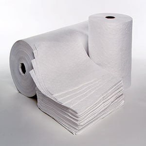 The economical choice to soak up hydraulic oil, diesel fuel or any petroleum-based fluid. Will not absorb water. For indoor/outdoor use. Sonic bonds provide added strength unlike the competition’s unbonded product.Rolls of white absorbent material designed for soaking up oil, placed on a white surface.
