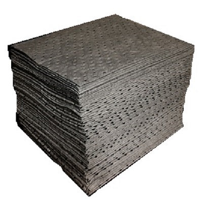 Stacks of gray universal absorbent pads and rolls, designed for soaking up various fluids.